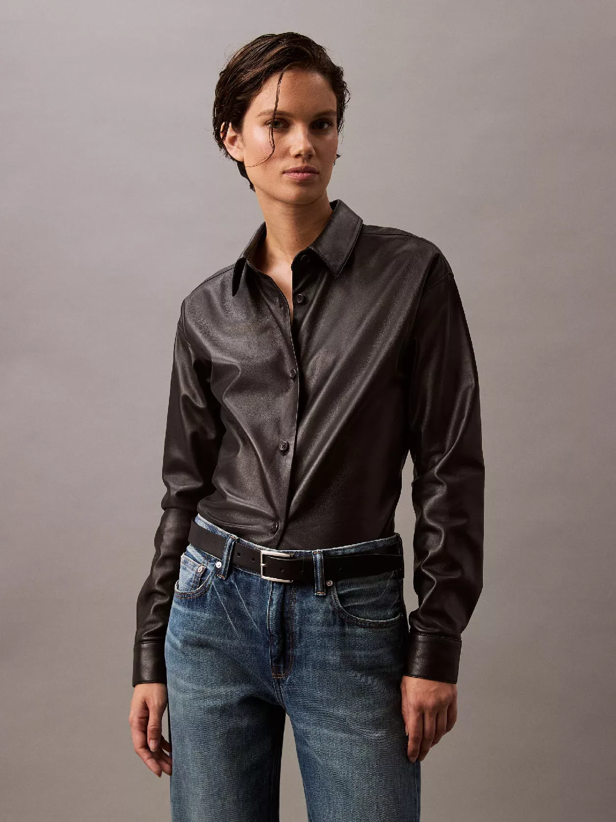 Leather Button-Down Shirt